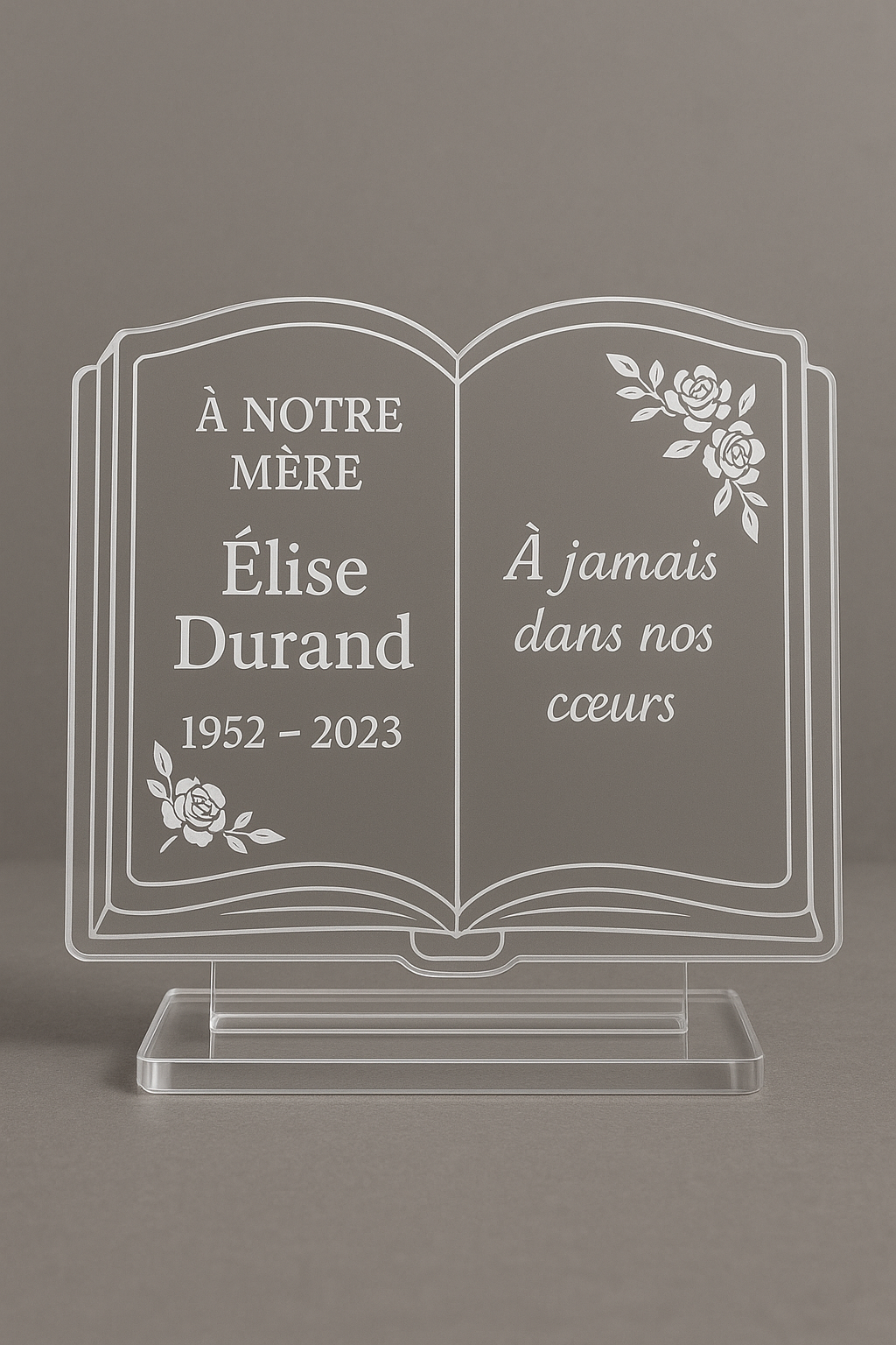 Plaque funéraire plexiglas avec motif livre ancestral symbolique