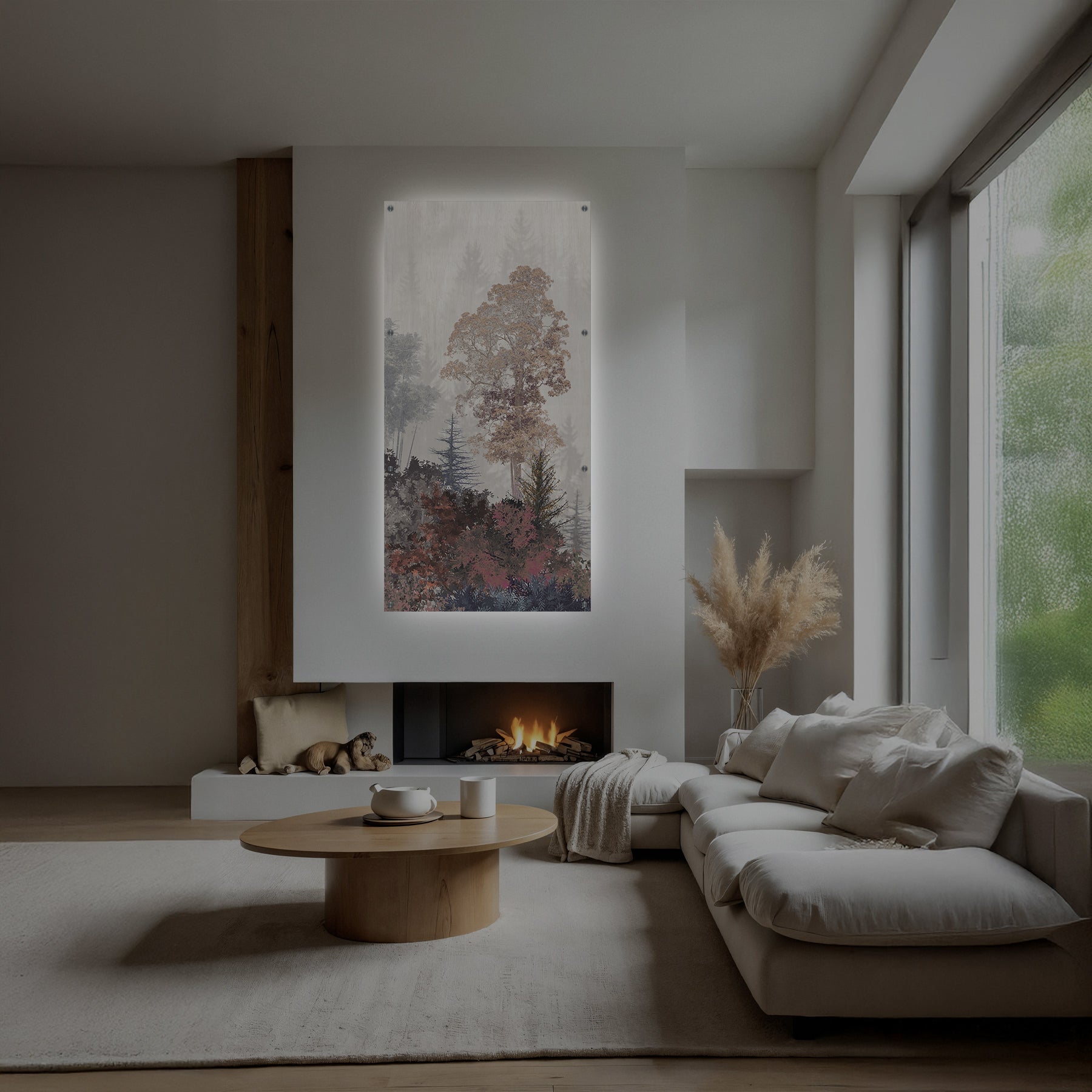 Cadre déco forêt minimaliste, couleurs pastel rose poudré, lumière intégrée