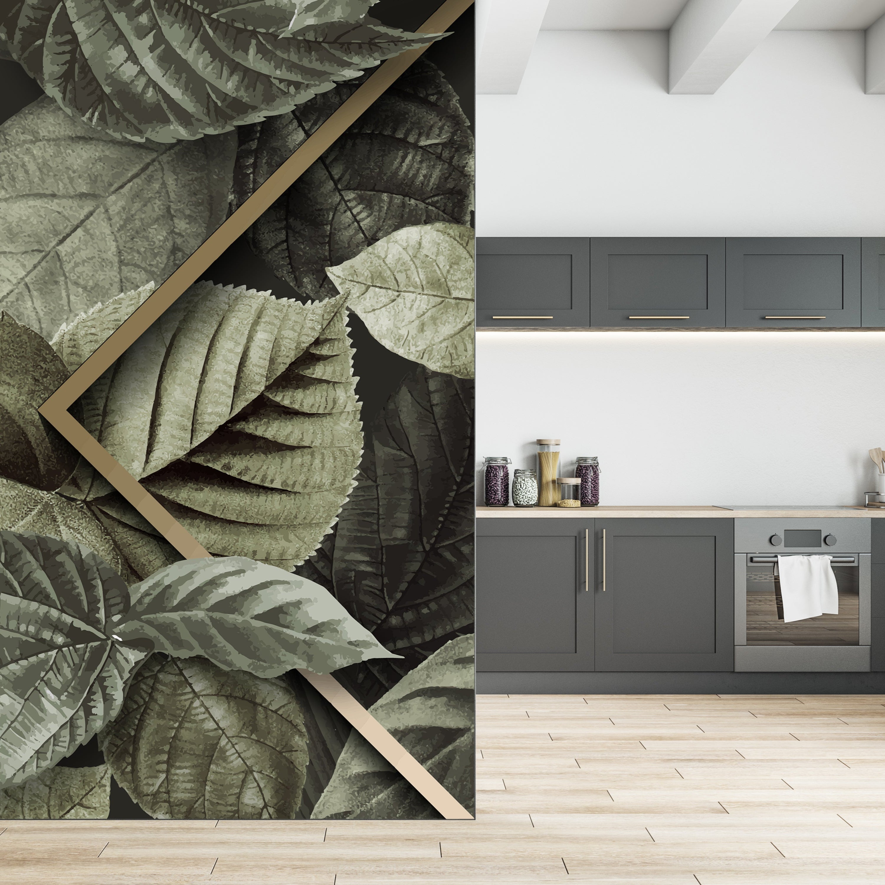 Papier peint feuillage moderne en noir et blanc, utilisé comme mur d’accent dans une cuisine contemporaine au style naturel et épuré.