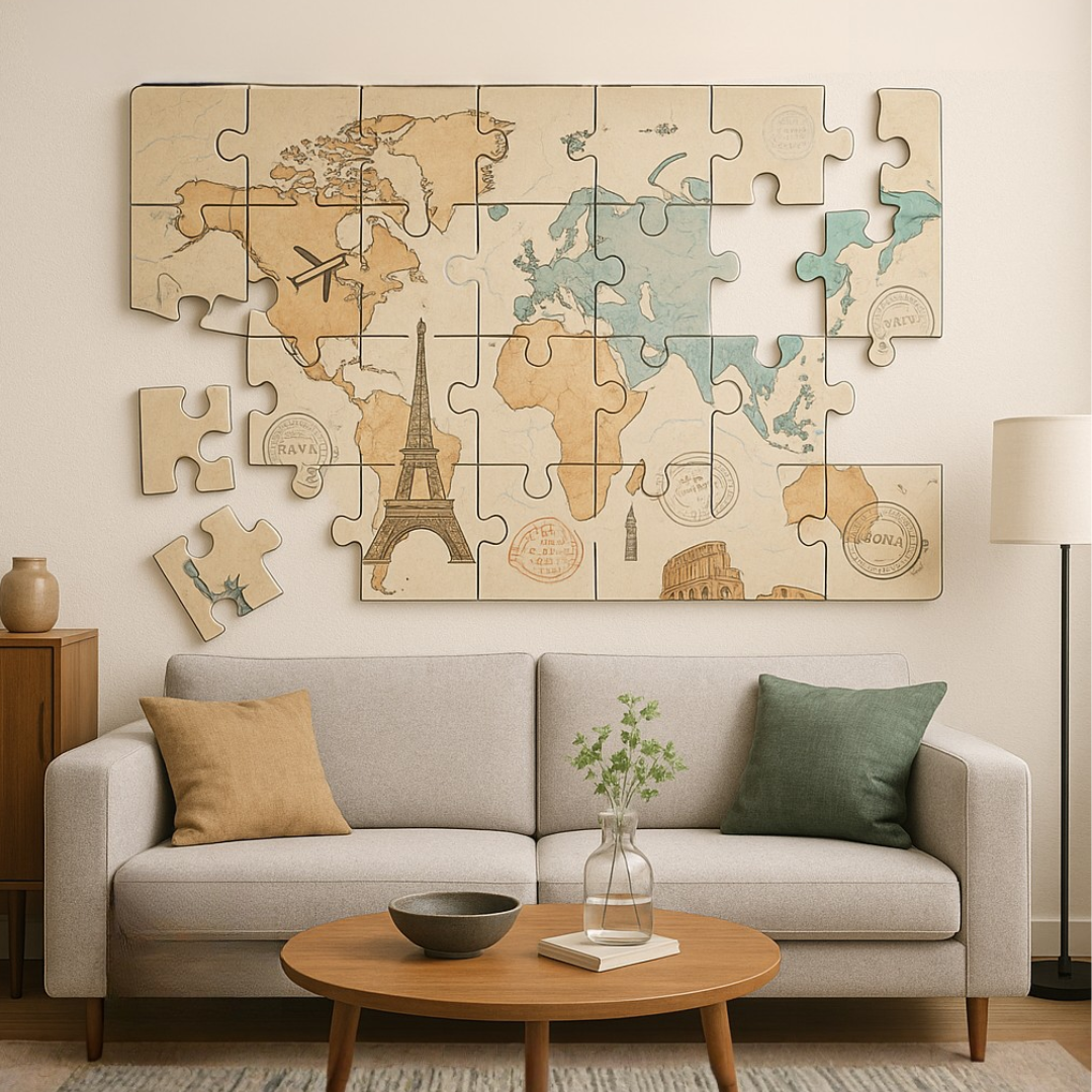 Plaque plexiglas en forme de puzzle illustrant une carte du monde, impression brillante et découpée à la forme.