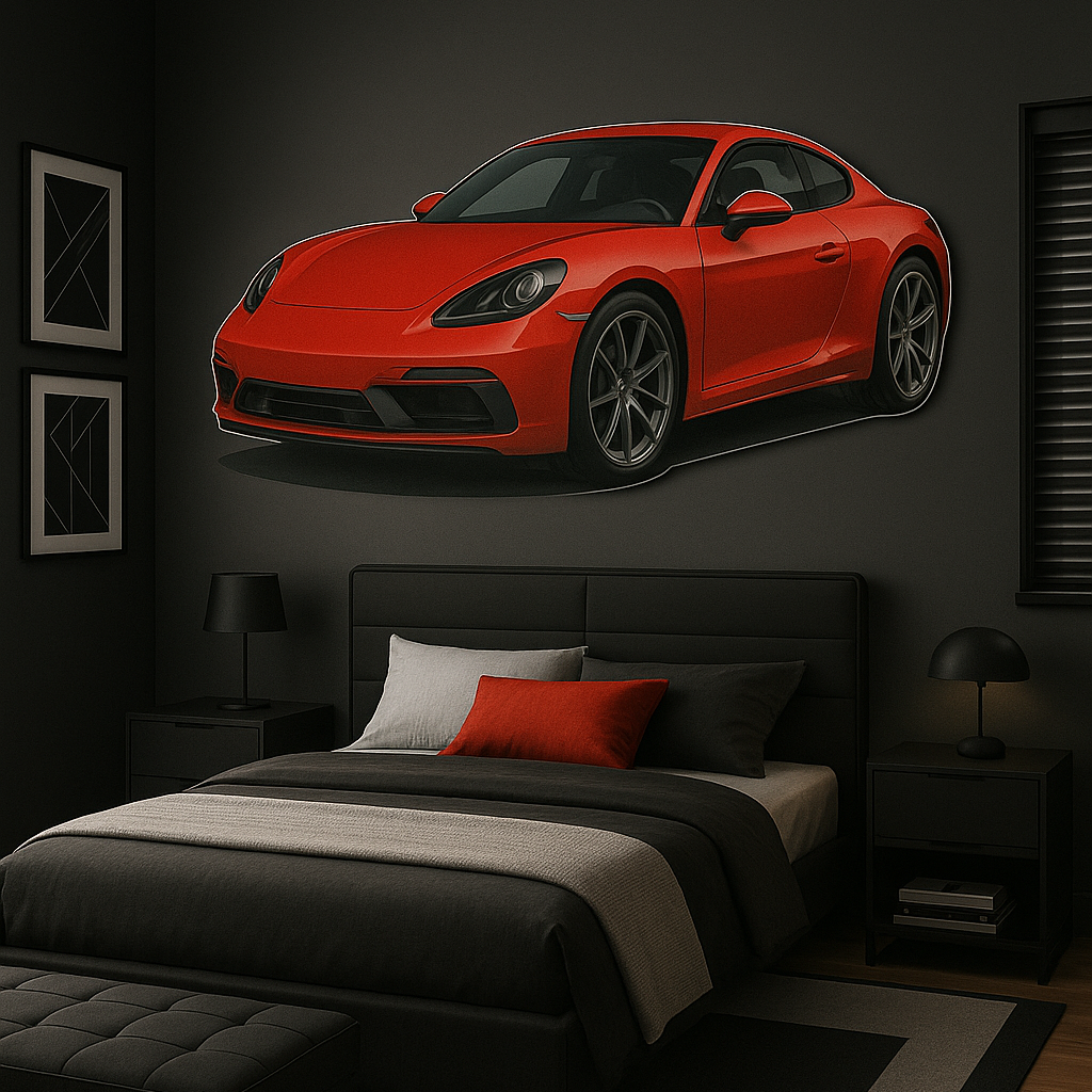 Plaque murale en dibond découpée en forme de voiture de sport, fixée au mur d’une chambre moderne au style sombre et élégant, parfaite pour une décoration premium et réaliste.