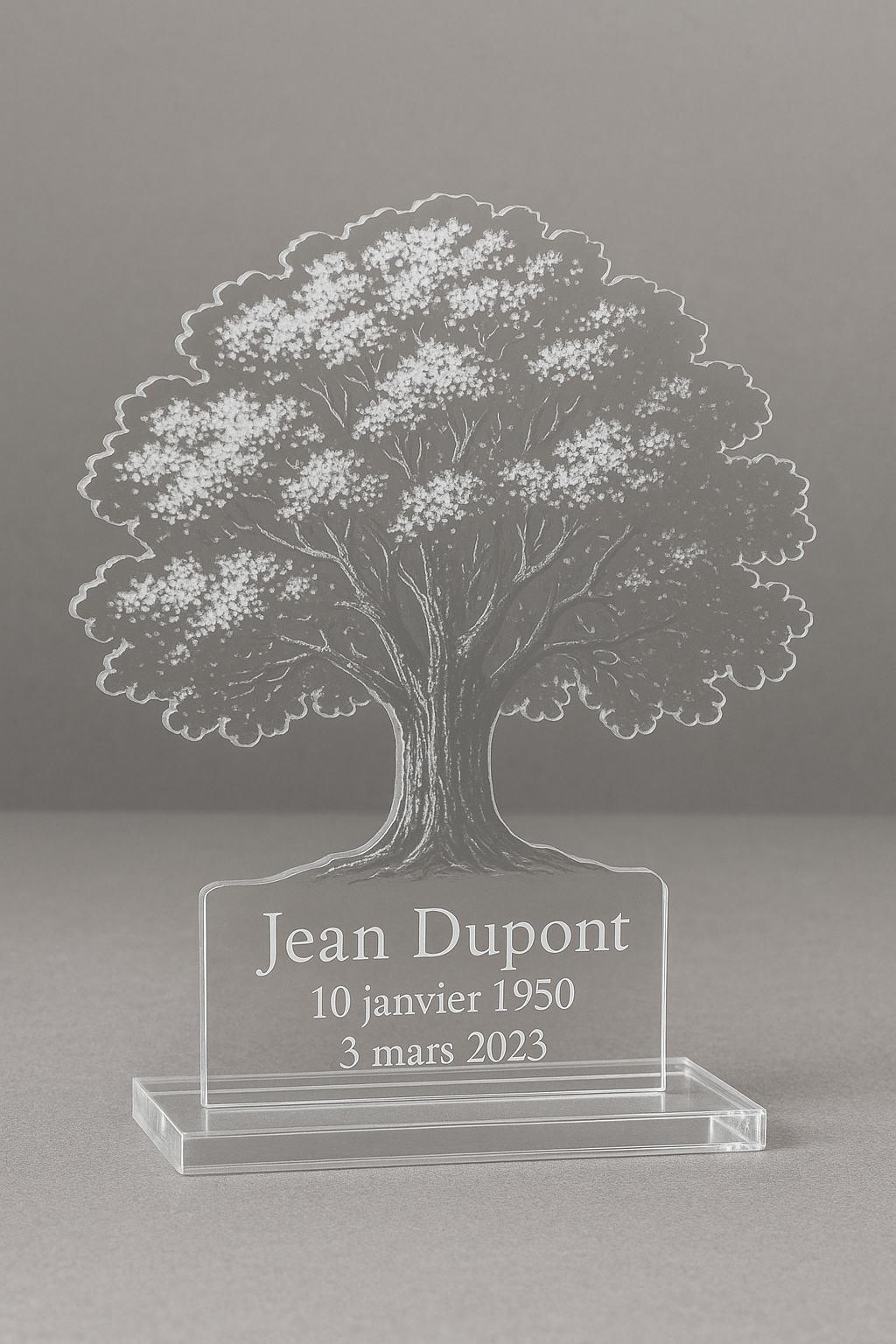 Plaque funéraire plexiglas personnalisée avec arbre majestueux symbolique