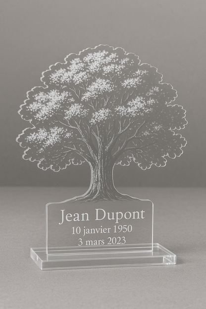 Plaque funéraire plexiglas personnalisée avec arbre majestueux symbolique