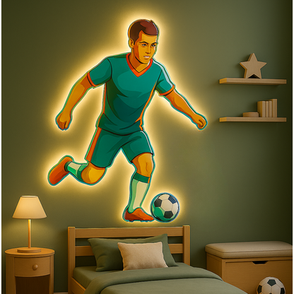 Cadre Dibond personnalisé découpé à la forme représentant un joueur de football en action.