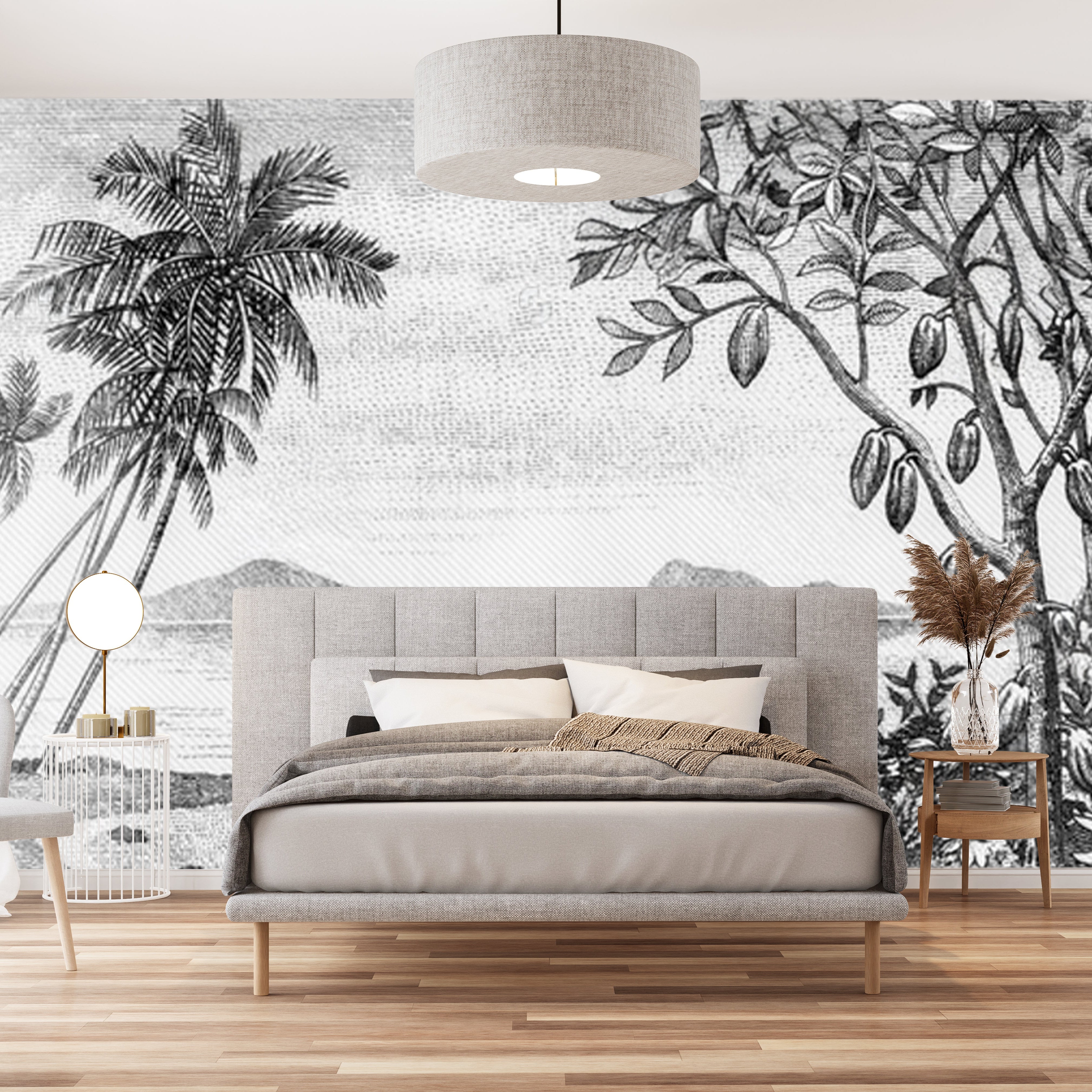 Papier peint panoramique plage noir et blanc – déco murale élégante avec sable fin et palmiers
