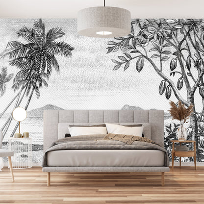 Papier peint panoramique plage noir et blanc – déco murale élégante avec sable fin et palmiers
