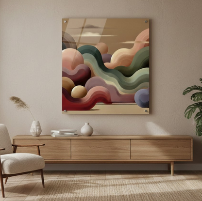 Plaque murale en plexiglas sans contour avec motifs géométriques modernes, entièrement personnalisable pour un rendu contemporain unique.