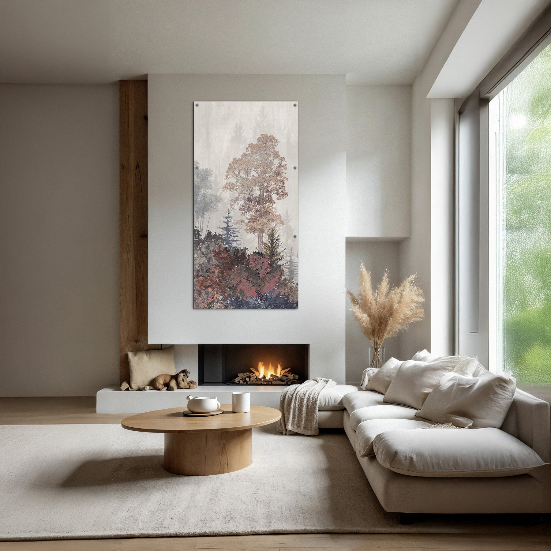 Tableau contemporain forêt aux nuances rose poudré, cadre en dibond élégant