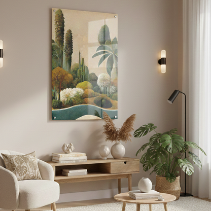 Plaque murale en plexiglas sans contour présentant un effet peinture végétation chaud et tendance, entièrement personnalisable pour un rendu moderne et unique.