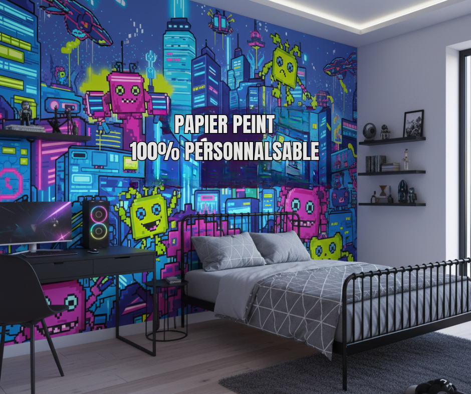 Donnez du style à votre espace avec ce papier peint inspiré des univers gaming. Ses tons bleu et violet, ses effets numériques et son design futuriste créent une ambiance dynamique et moderne, parfaite pour une chambre d’ado ou un coin gamer. Ce papier peint immersif apporte une vraie identité visuelle et transforme instantanément votre pièce en espace high-tech. Pose facile et impression HD pour un rendu impeccable.