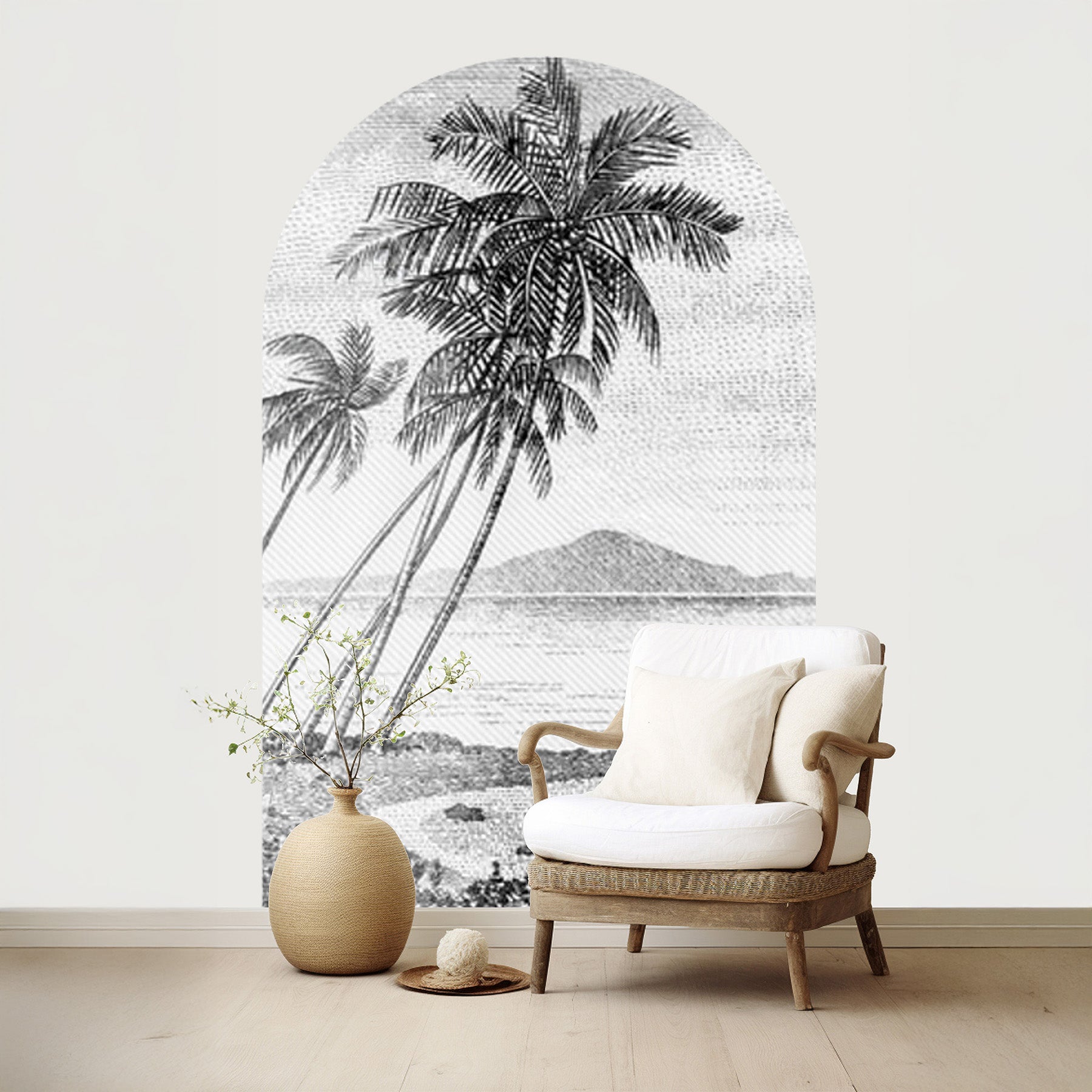 Décoration murale moderne avec papier peint noir et blanc motif plage, idéal pour salon contemporain et coin détente cosy.