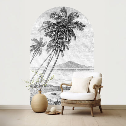 Décoration murale moderne avec papier peint noir et blanc motif plage, idéal pour salon contemporain et coin détente cosy.