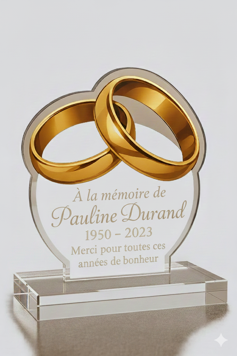 Plaque funéraire personnalisée en plexiglas transparent avec deux alliances dorées entrelacées, gravure élégante avec prénom, dates et message de souvenir, finition haut de gamme et design moderne.