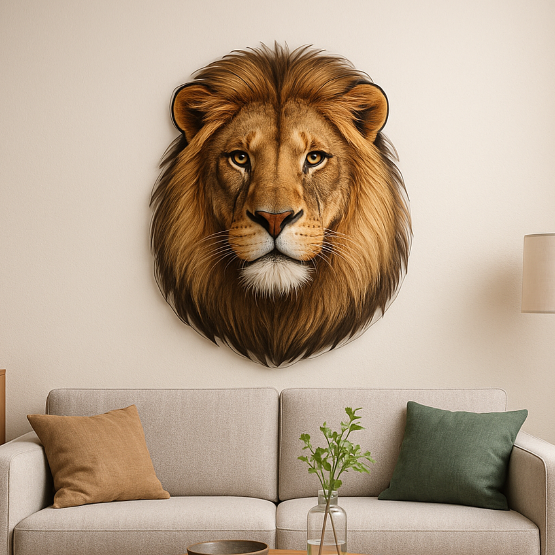 Plaque en plexiglas tête de lion découpée au contour précis, impression HD sur fond transparent.